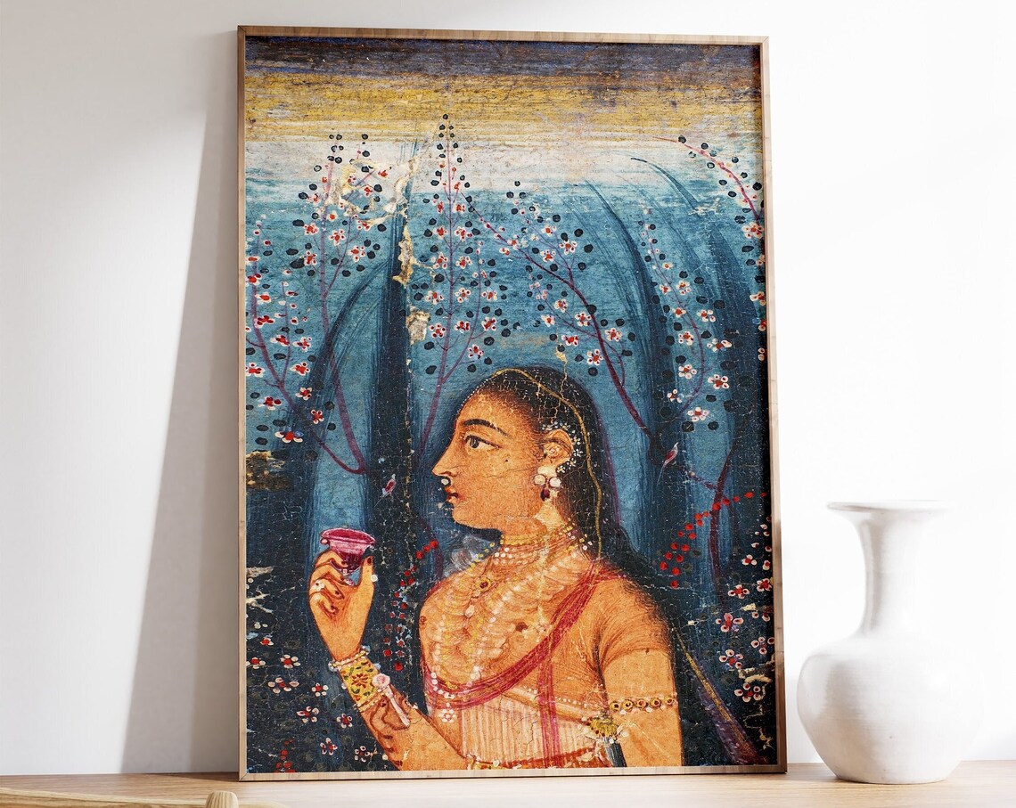 Indian Mughal Style Miniature Lady Portrait Floral Night Poster