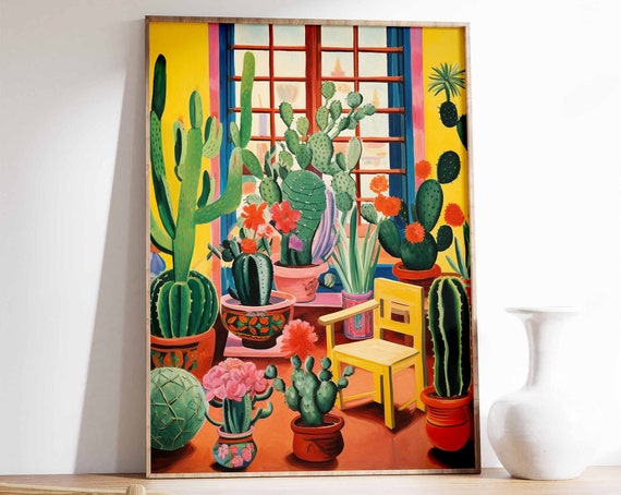 Vintage Colorful Mexican Cactus Room Potted Cacti Window Folk Art Poster