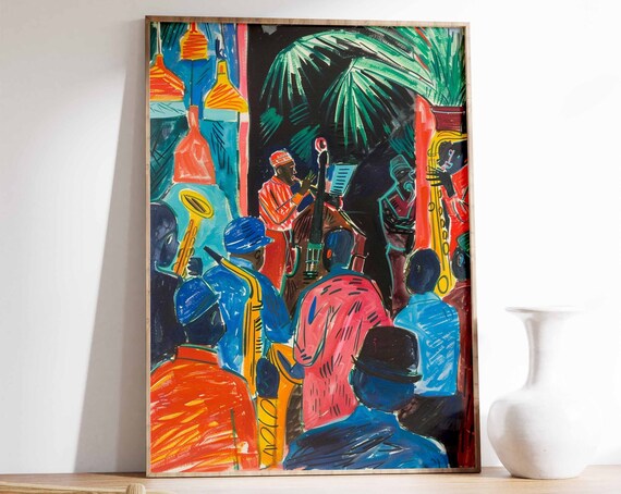 Jazz Musicians Tropical Club Palm Trees Hanging Lamps Painting Poster