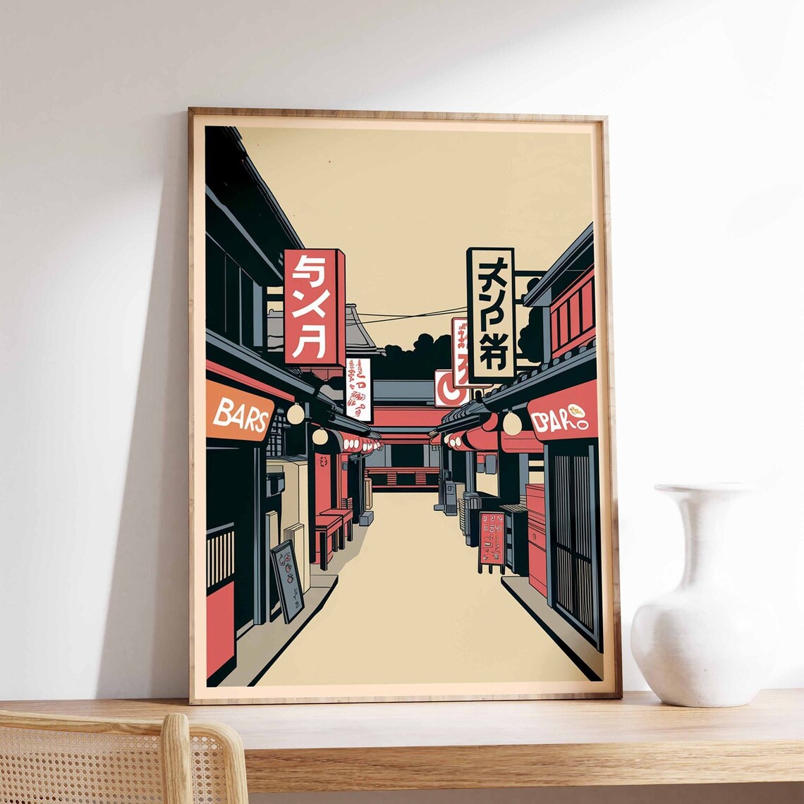 Retro Japanese Alley Bar Street Scene Vintage Illustration Poster