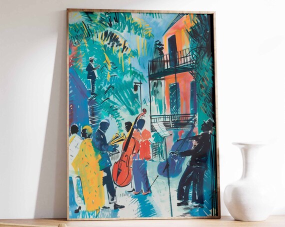 Jazz Band Street Music Art Print Saxophone Double Bass Decor