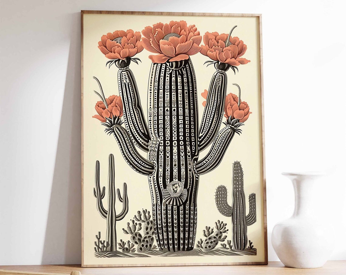 Vintage Mexican Cactus Bloom Botanical Engraving Desert Art Poster
