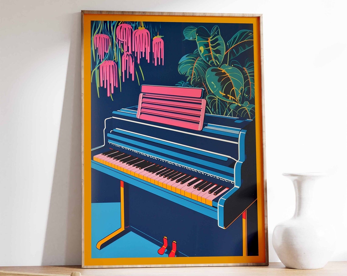Blue Upright Piano With Pink Blossoms Neon Pop Music Style Poster