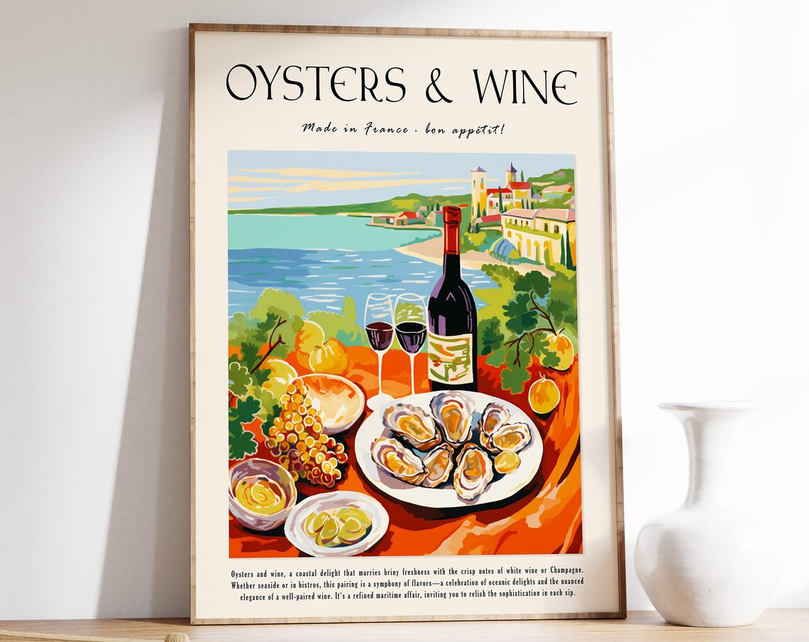 Seafood Oysters And Wine Vintage Kitchen Art Print