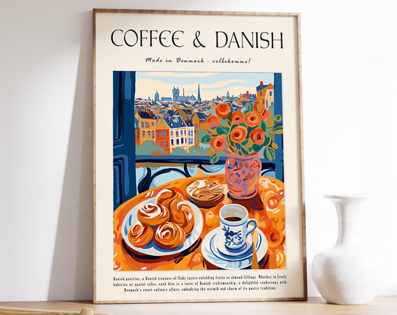 Coffee Poster Danish Pastry Food Poster Dessert Print Cooking Poster Baking Print Kitchen Decor Vintage Food Print Food Gift