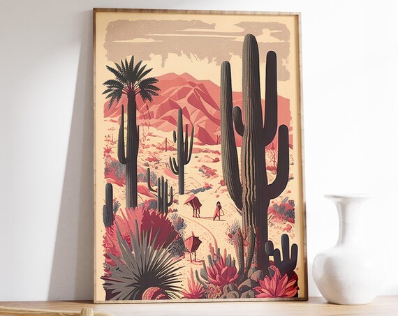 Mexican Desert Saguaro Cactus Palm Trees Vintage Travel Art Poster