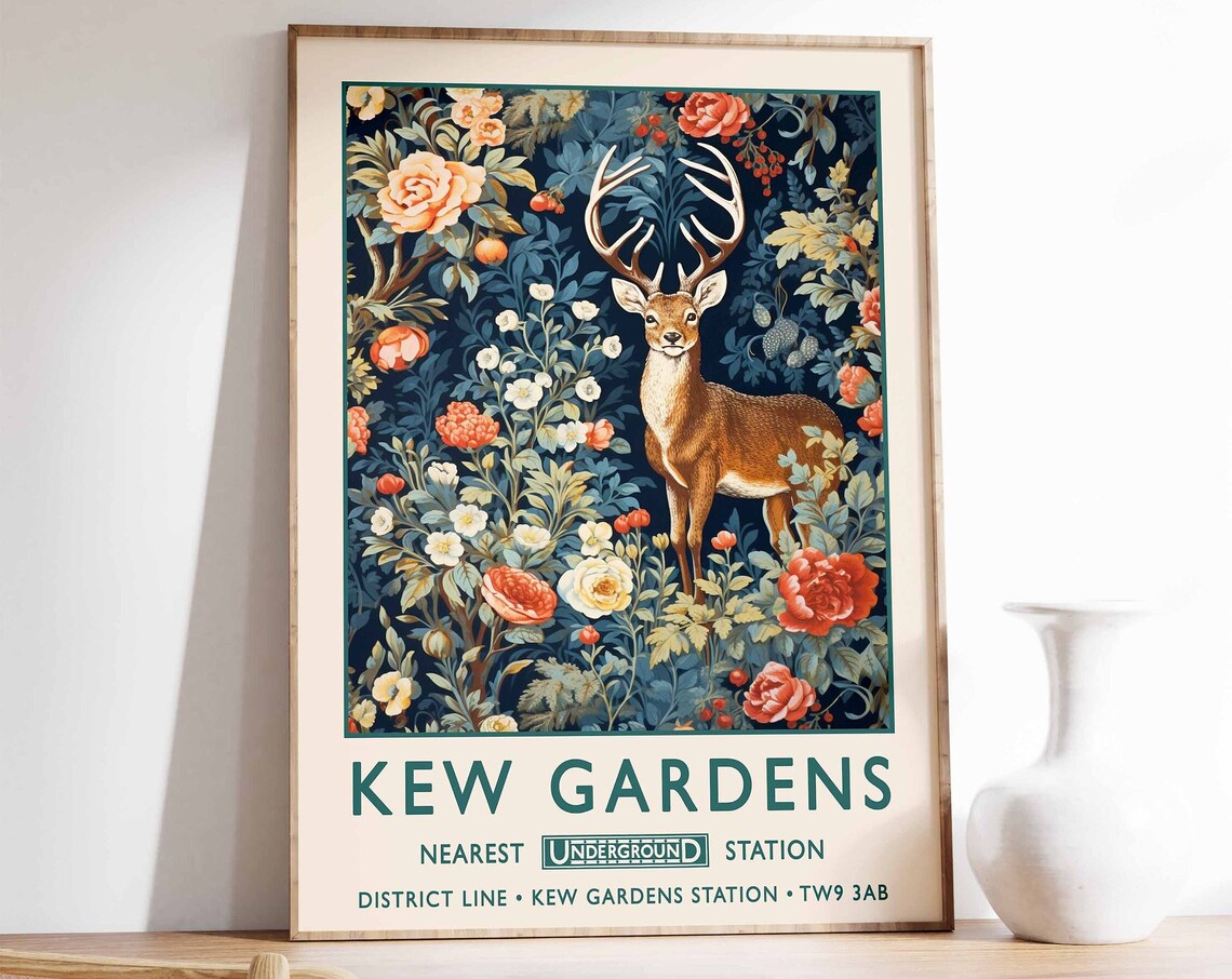 Kew Gardens Stag Floral London Travel Poster Vintage Botanical Art