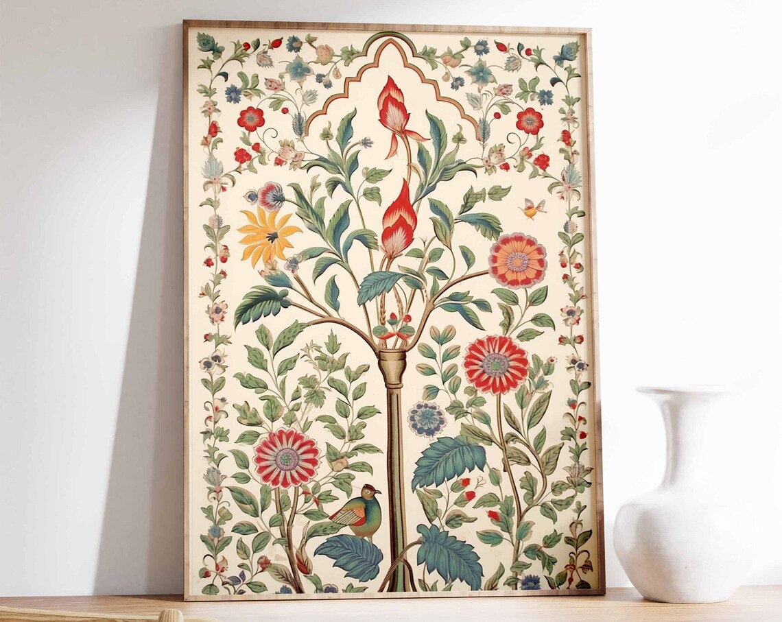 Indian Floral Tree of Life Print with Bird Vintage Mughal Style Art