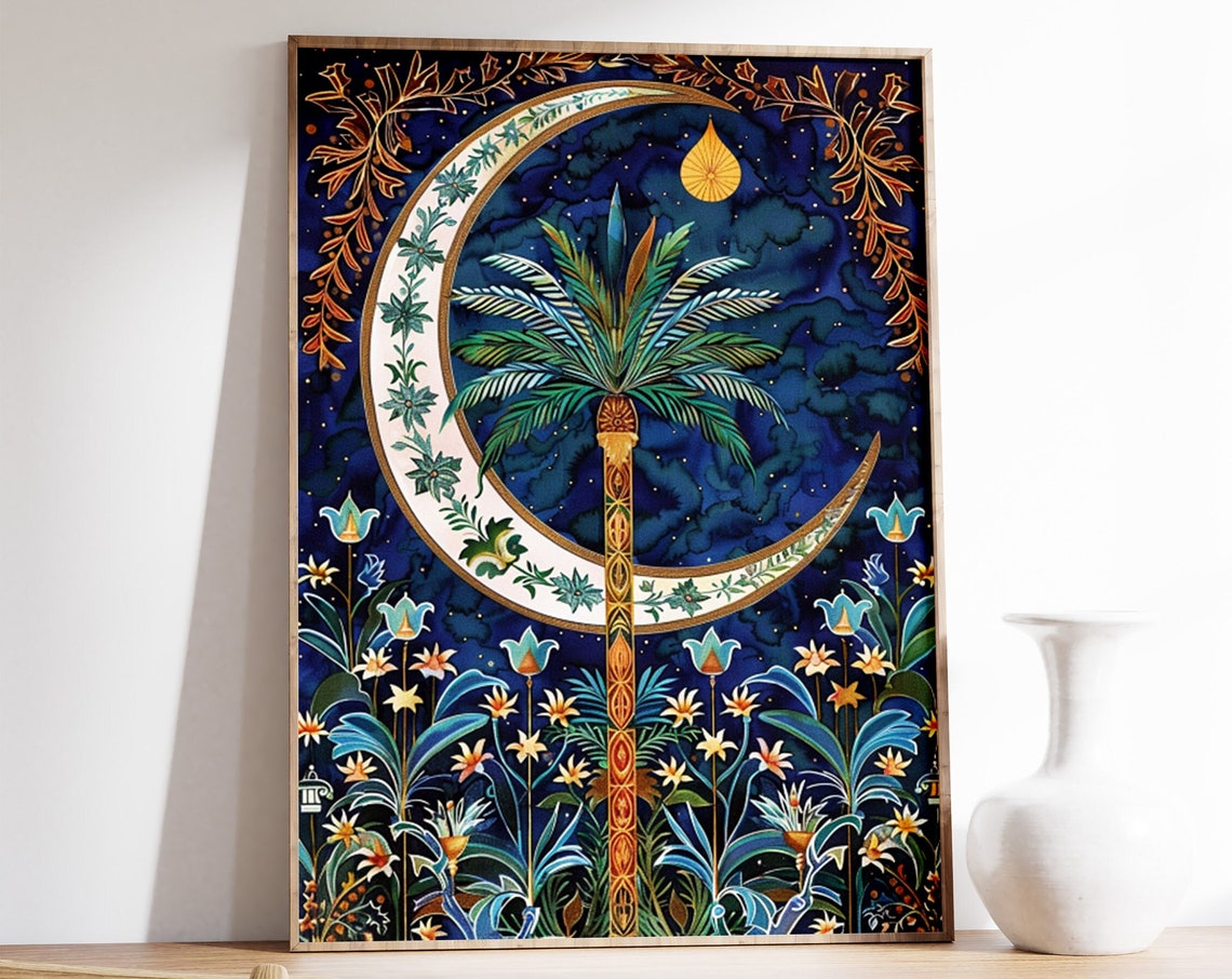 Crescent Moon Palm Night Sky Islamic Celestial Garden Poster