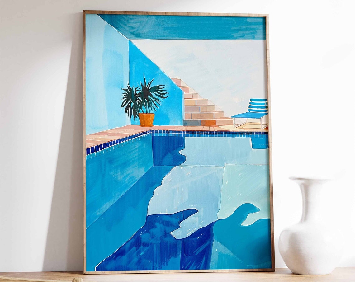 Geometric Blue Swimming Pool Painted Mid Century Summer Poster