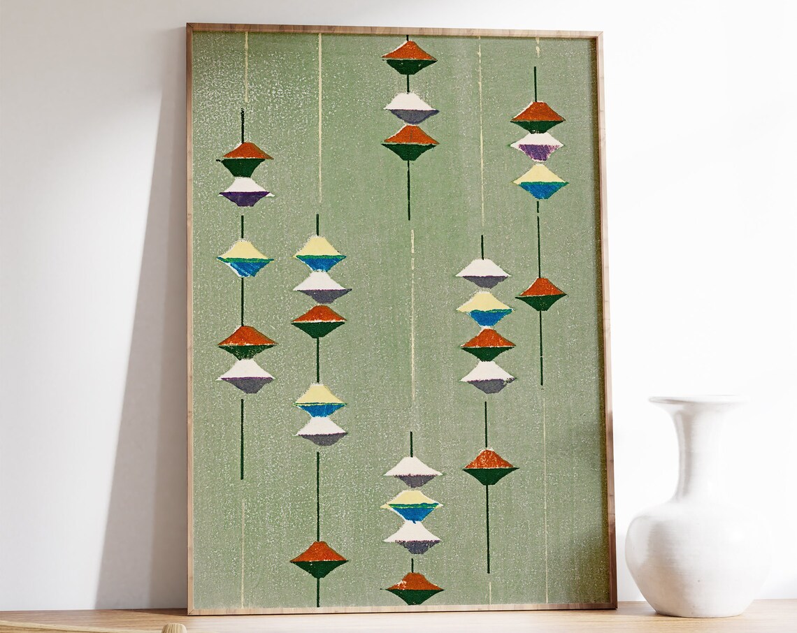Japanese Woodblock Geometric Hanging Ornaments Sage Green Art Poster