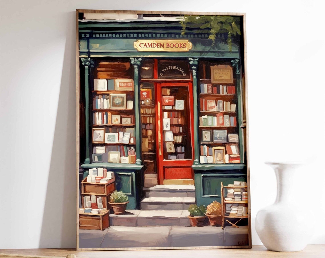 Camden Books London Vintage Bookshop Storefront Painting Poster