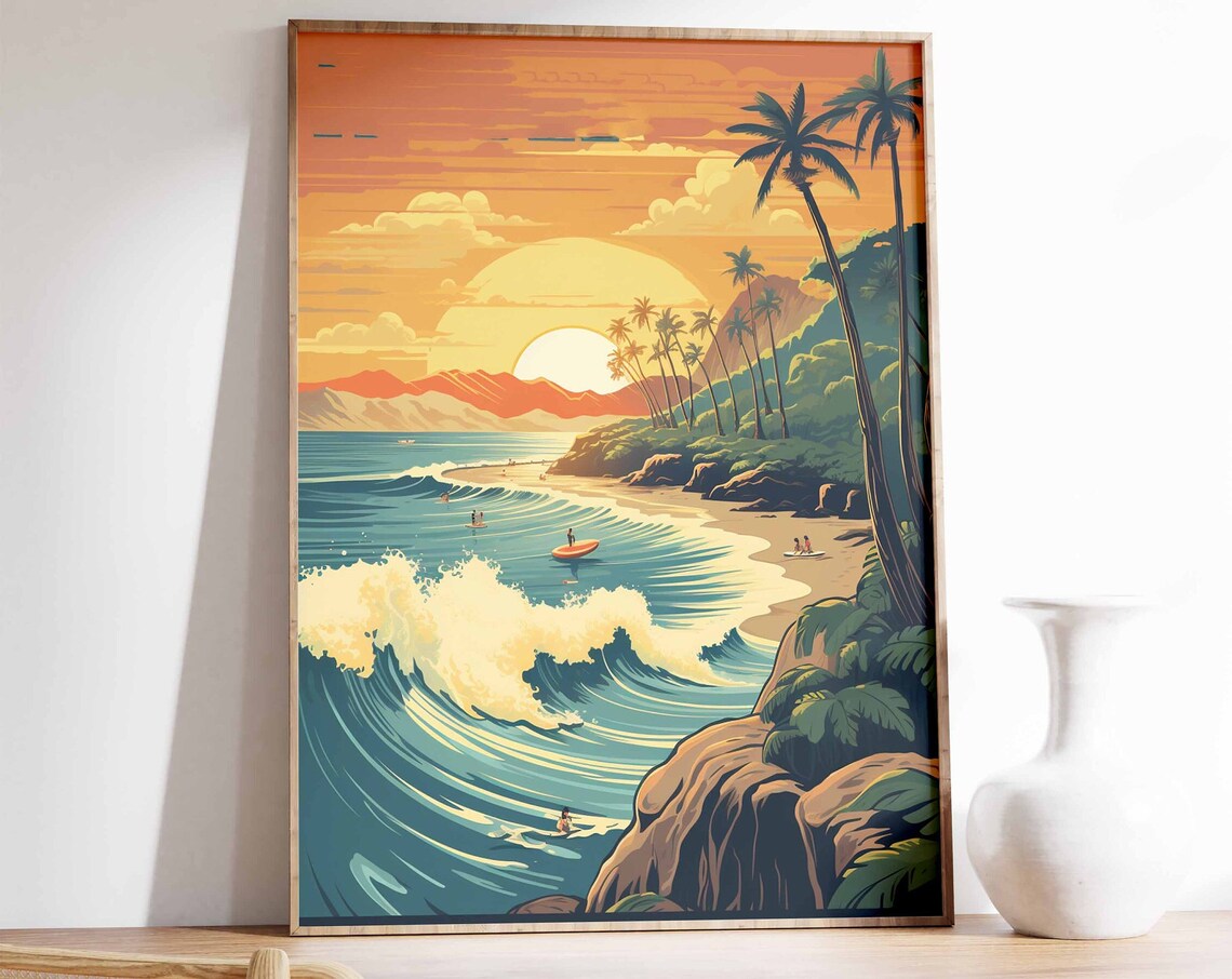 Retro Surf Print, Vintage Sunset Surfing Poster