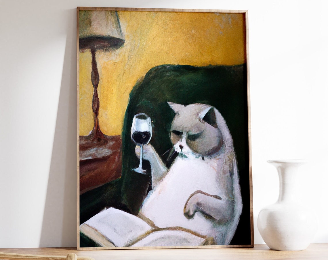 Cat Wine Funny Vintage Animal Art Print
