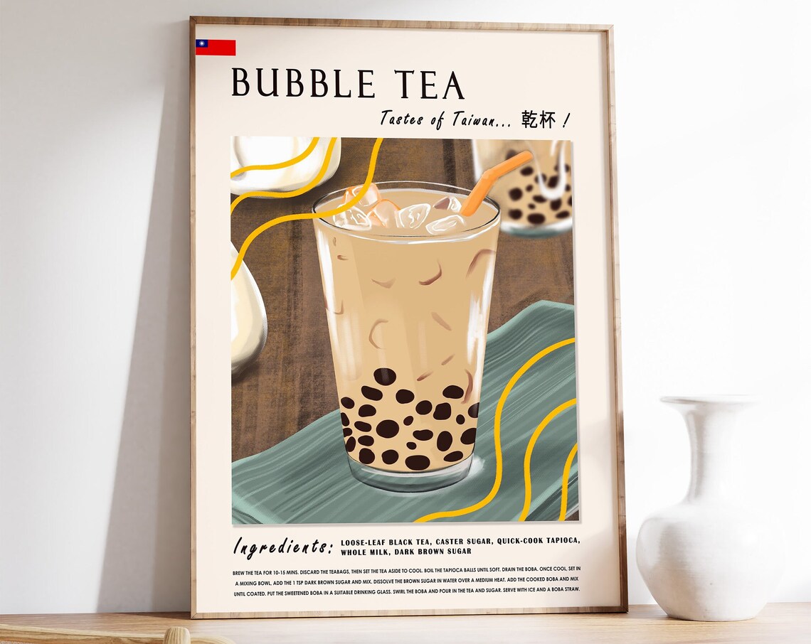 Bubble Tea Tastes of Taiwan Illustrated Recipe Kitchen Art Poster
