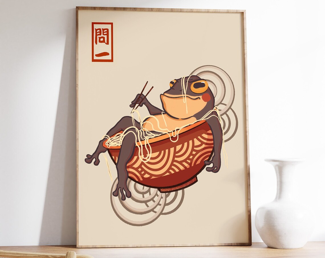 Japanese Frog Eating Ramen Bowl Funny Retro Art Illustration Poster