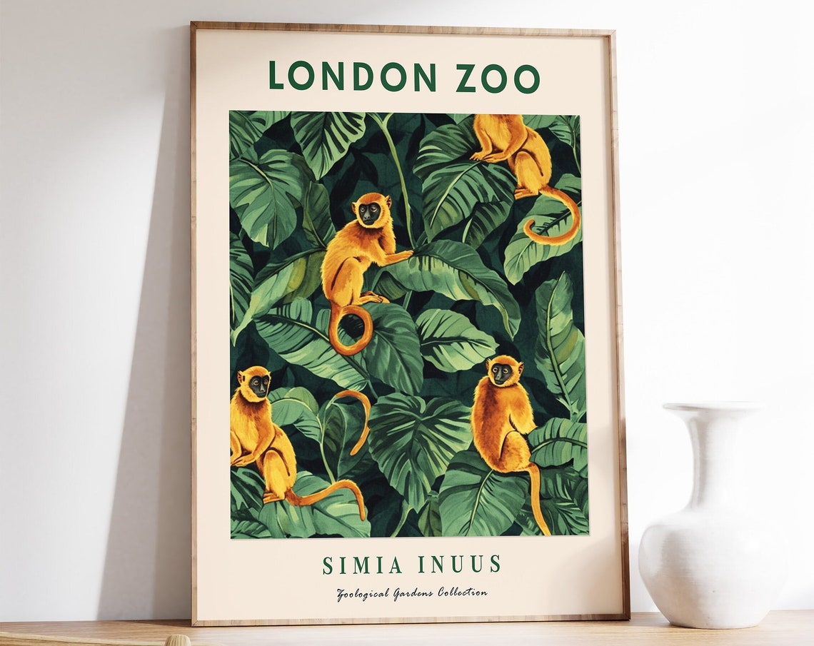 London Zoo Golden Monkeys Jungle Leaves Botanical Vintage Poster