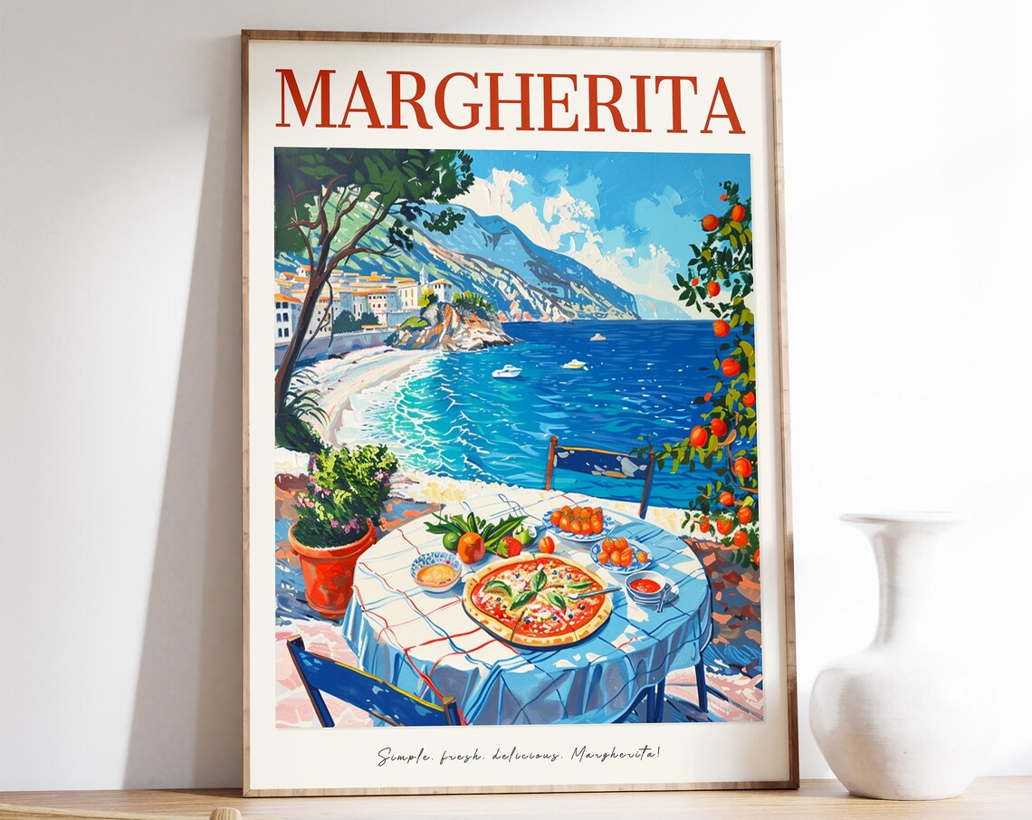 Margherita Pizza Vintage Italian Coast Terrace Illustration Poster