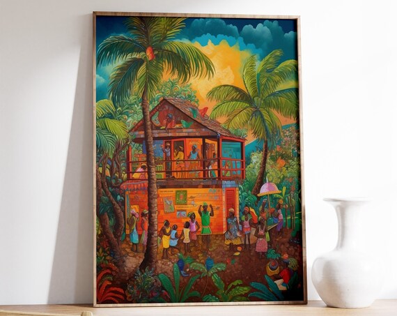 Caribbean Village Palm Trees Colorful Folk Art Island Life Poster