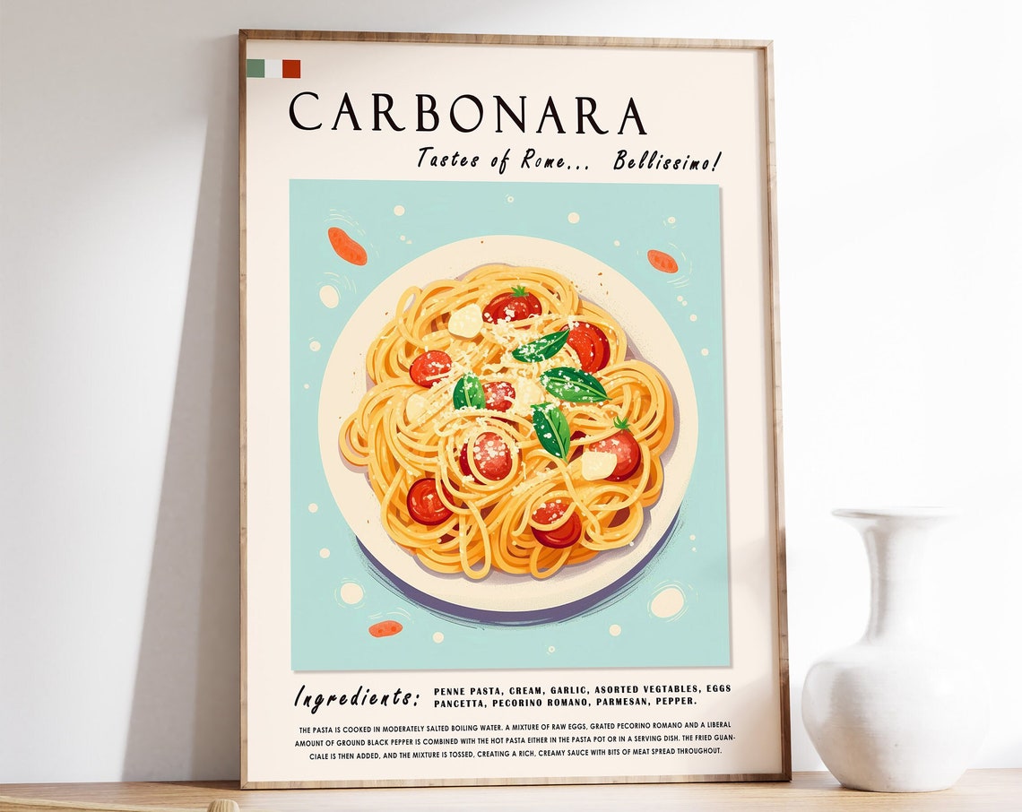 Italian Carbonara Print Pasta Recipe Art Rome Kitchen Wall Decor