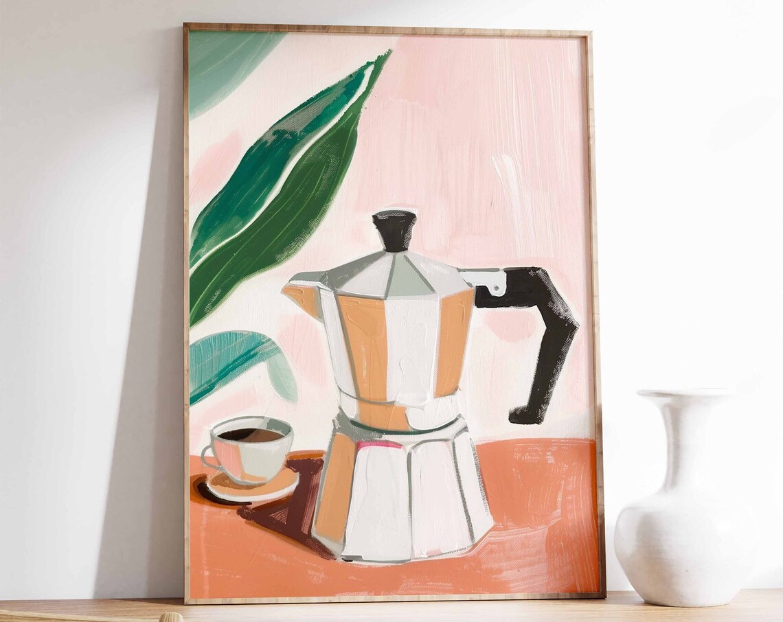 Italian Moka Pot Coffee Painting Pink Blush Kitchen Decor Poster