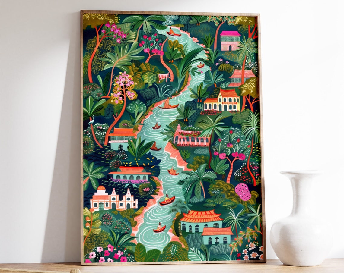 Colorful Indian Folk Art Jungle River Palace Boat Scene Poster
