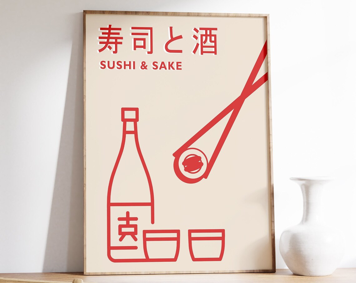 Japanese Sushi Sake Food Art, Retro Poster Print