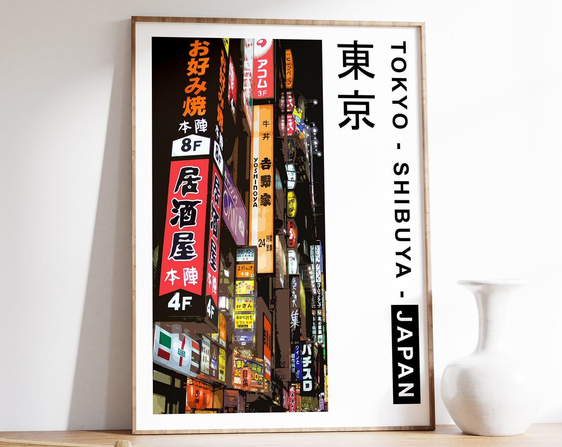 Tokyo Shibuya Japan Neon Signs Night Street Scene Poster Art
