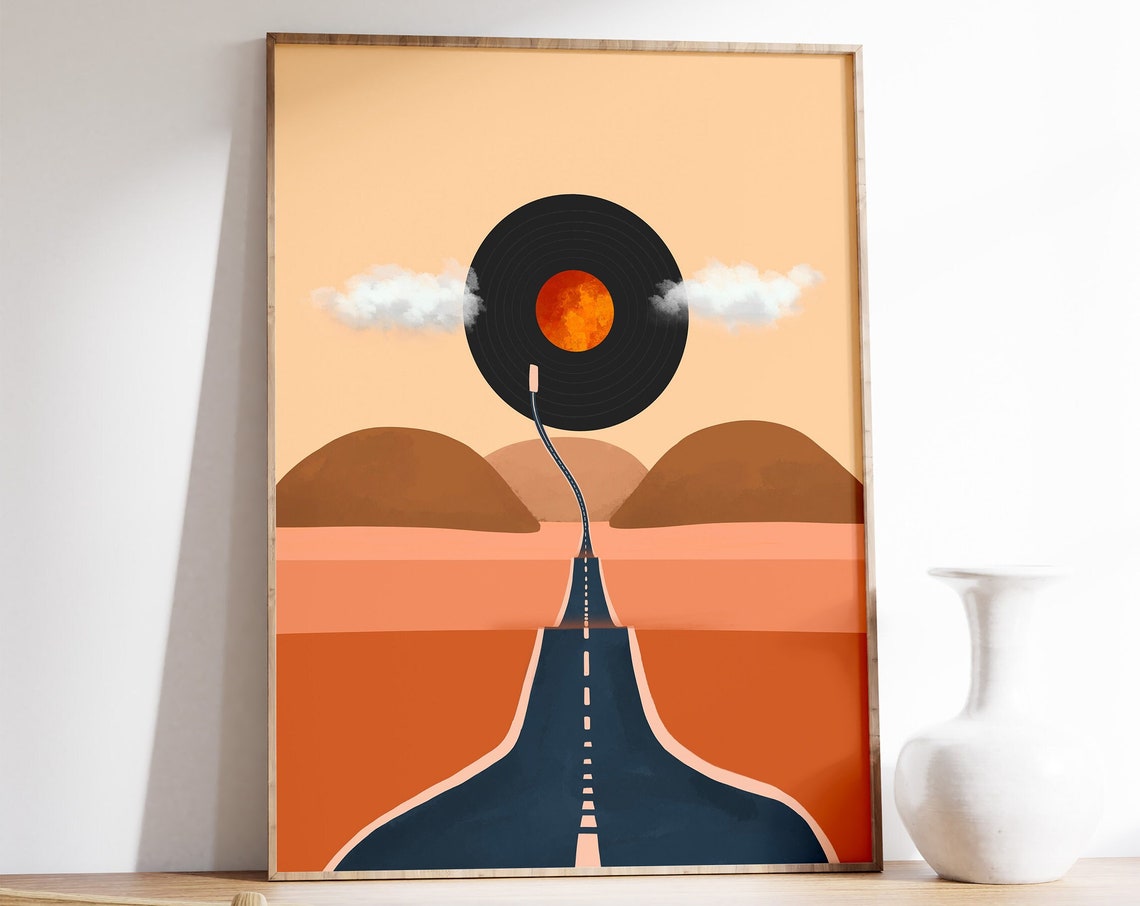 Retro Vinyl Record Desert Road Sunset Minimal Music Wall Art