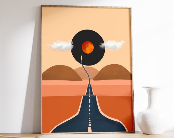 Retro Vinyl Record Desert Road Sunset Minimal Music Wall Art