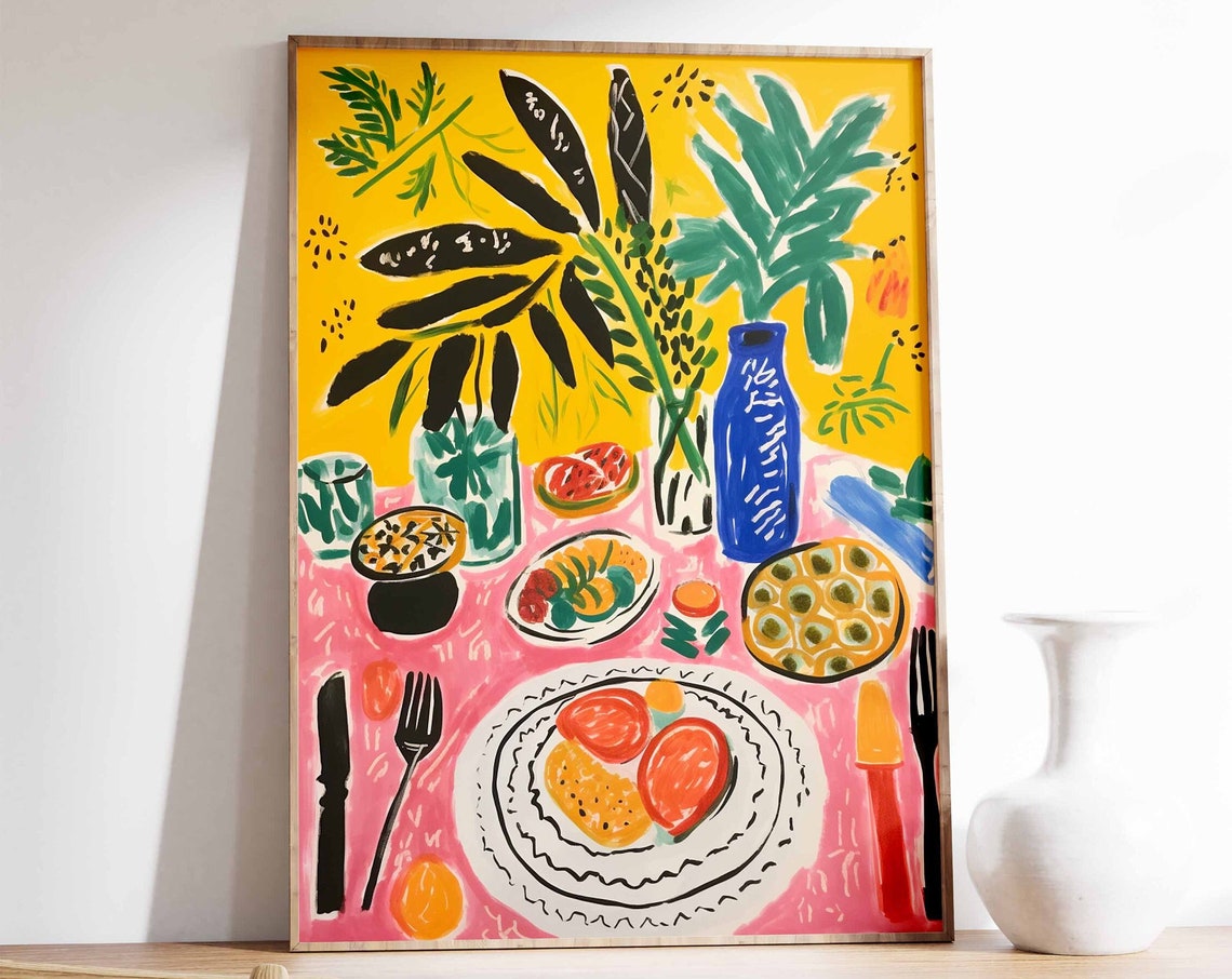Colorful Table Spread with Plates Plants and Dishes Kitchen Poster