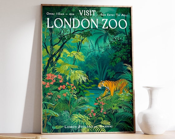 London Zoo Vintage Poster, Tiger and Jungle Art