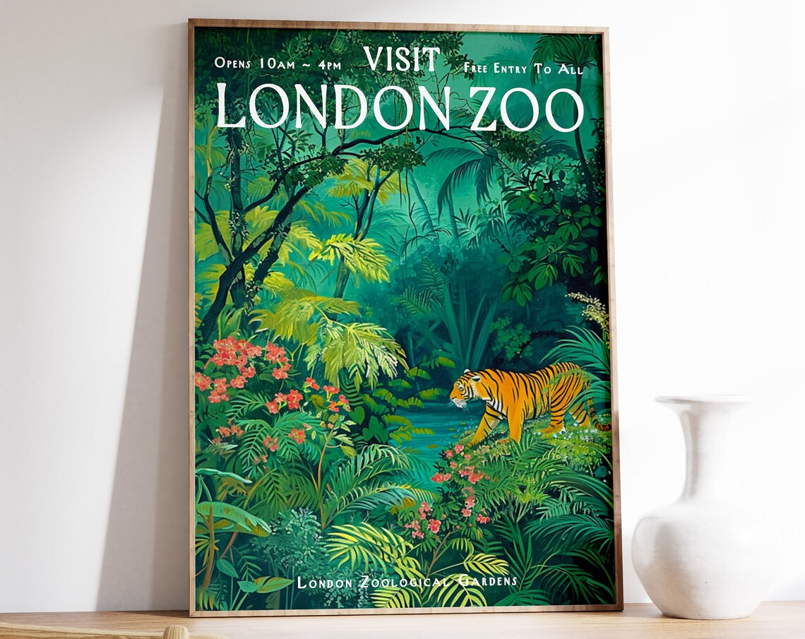 London Zoo Vintage Poster, Tiger and Jungle Art