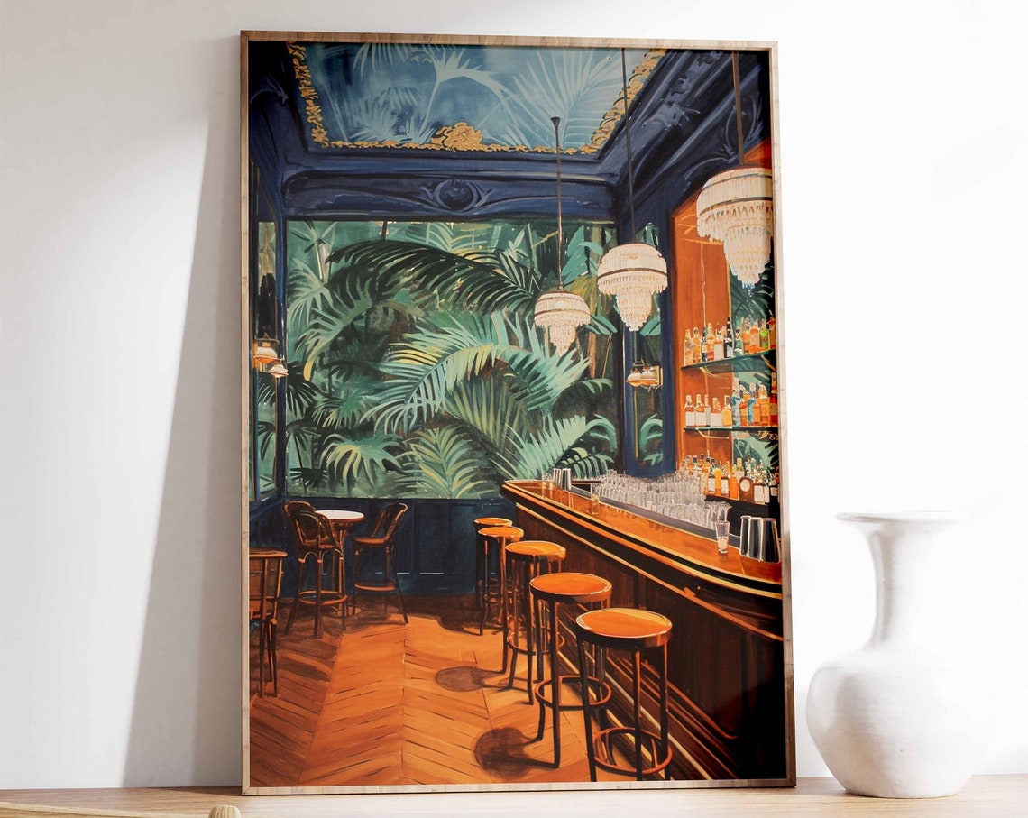 Tropical Palm Bar Interior Lounge Chandelier Oil Painting Poster