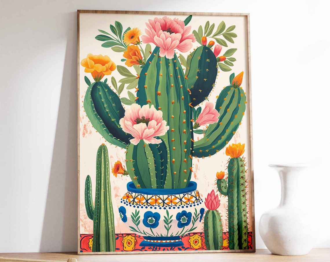 Flowering Cactus in Decorated Mexican Pot Botanical Art Poster