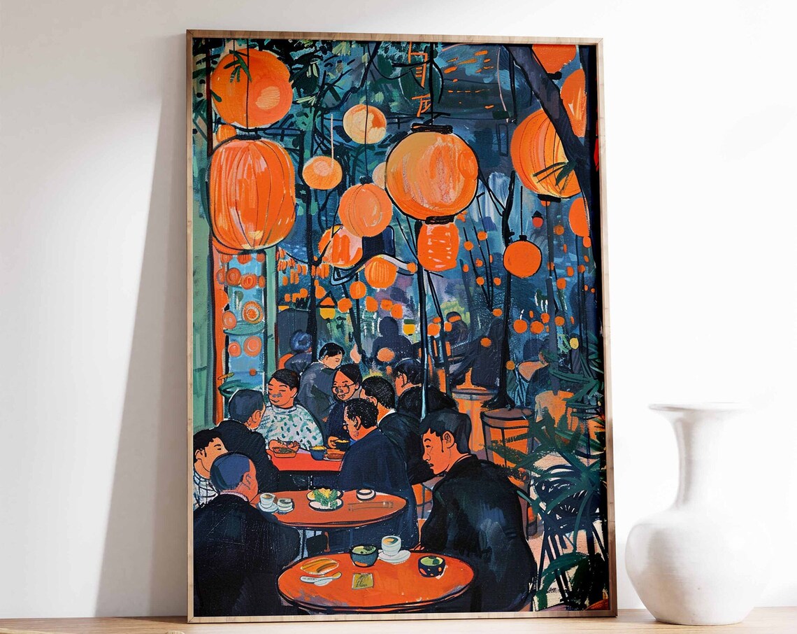 Retro Japanese Izakaya Lantern Bar Night Scene Kitchen Art Poster