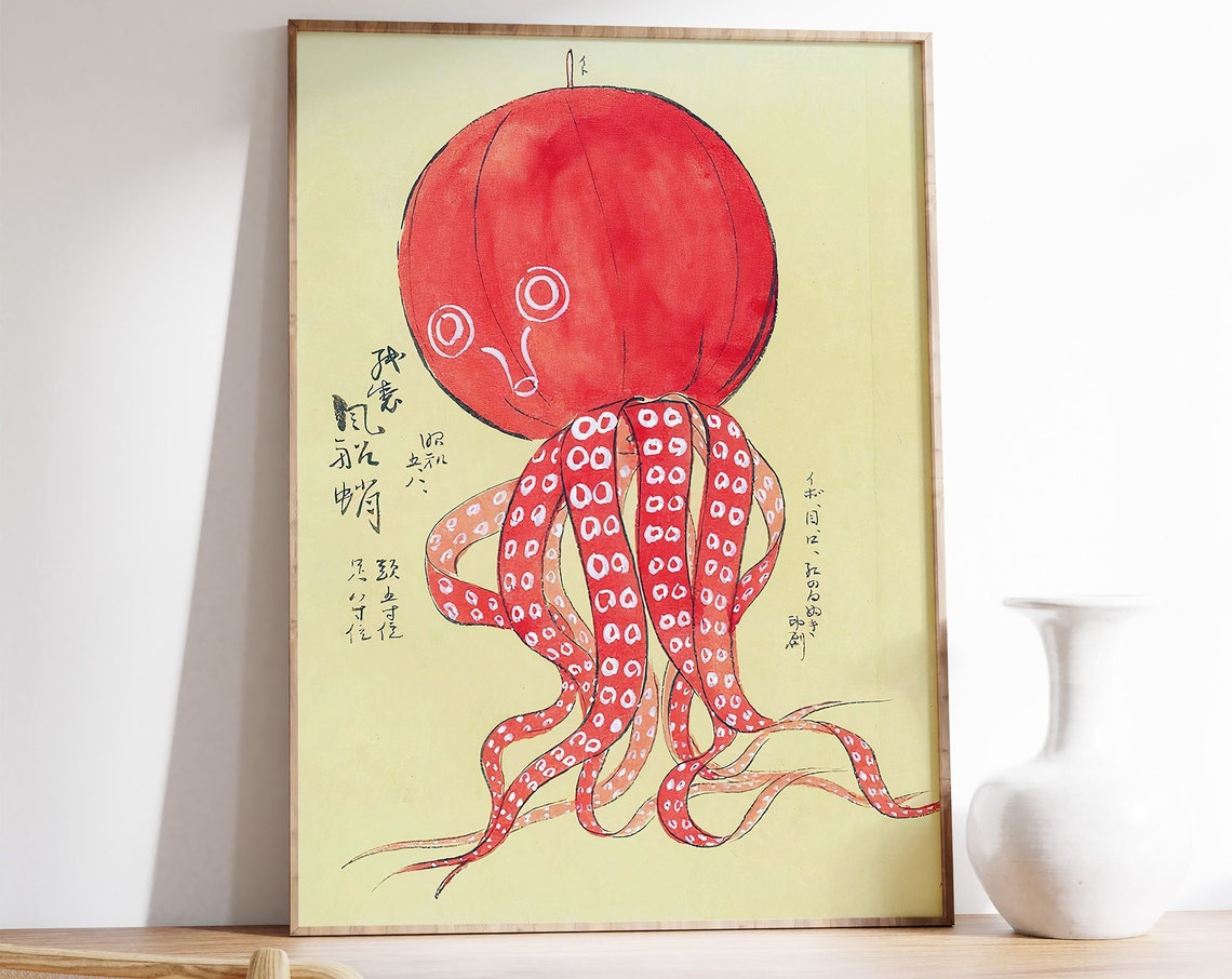 Japanese Red Octopus Vintage Woodblock Style Ukiyo-e Sea Art Poster