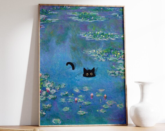 Monet-Inspired Waterlily Cat Poster, Floral Art
