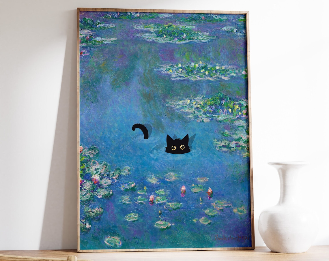 Monet-Inspired Waterlily Cat Poster, Floral Art