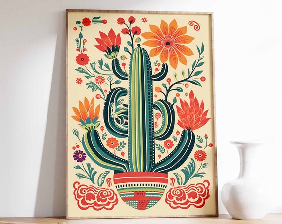 Mexican Folk Art Saguaro Cactus Blooming Flower Desert Poster