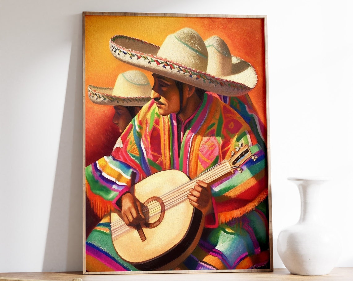 Mexican Mariachi Guitar Player In Colorful Serape Art Poster