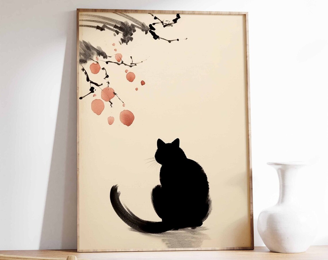 Black Cat Silhouette Japanese Ink Style Minimalist Animal Poster