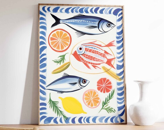 Fish Art Print Food Poster Seafood Poster Vintage Kitchen Decor Food Illustration Art Food Poster Cafe Poster Decor Chef Gift