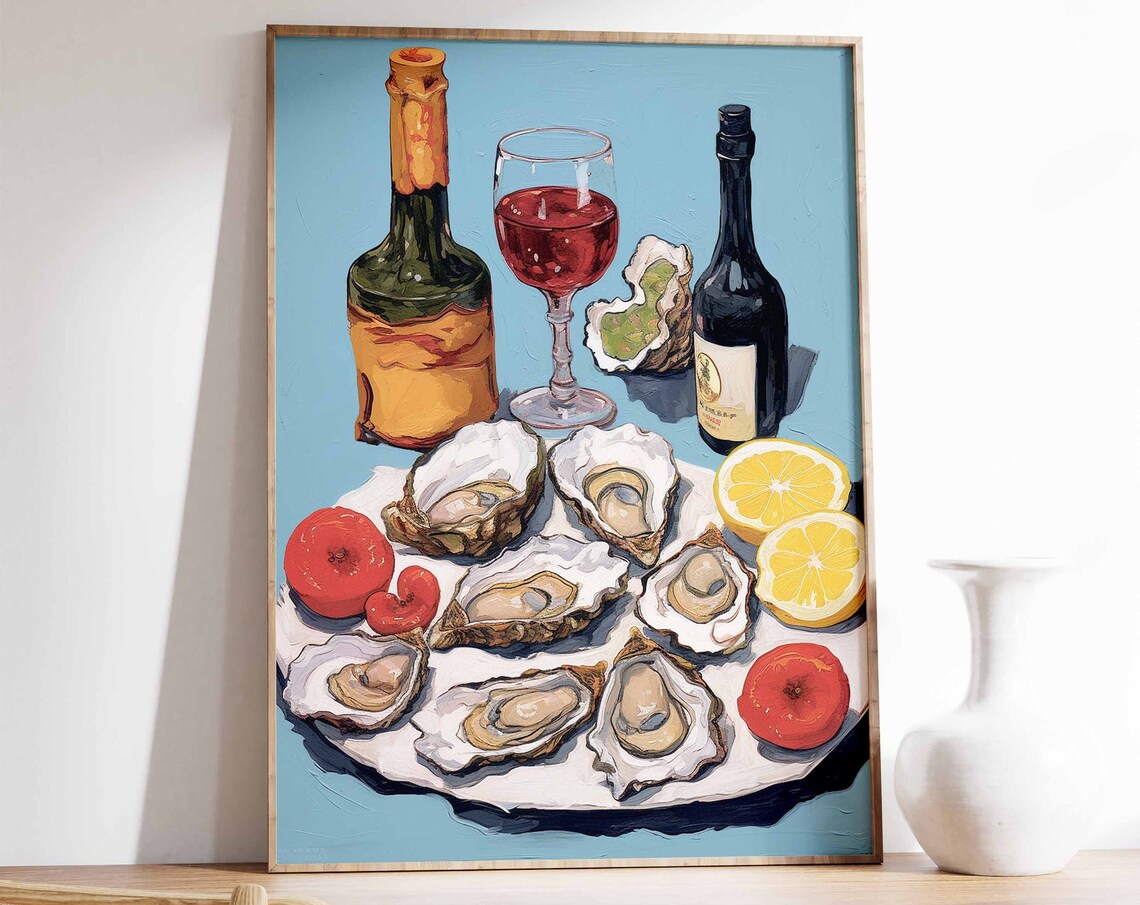 Oysters and Red Wine Still Life French Seafood Kitchen Poster