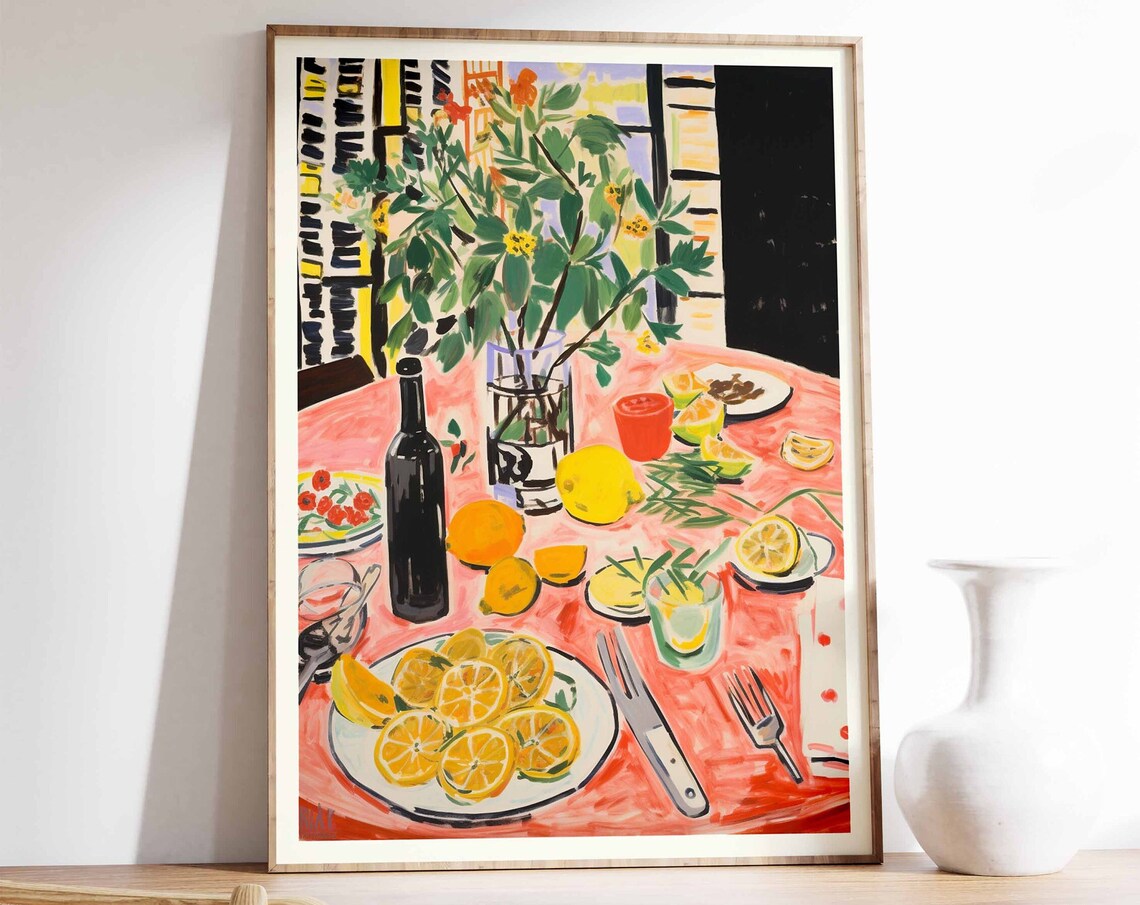 Fauvist Still Life Lemons Wine Bottle Pink Tablecloth Painting Poster