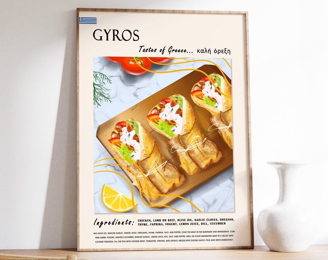 Greek Gyros Food Poster, Mediterranean Kitchen Art