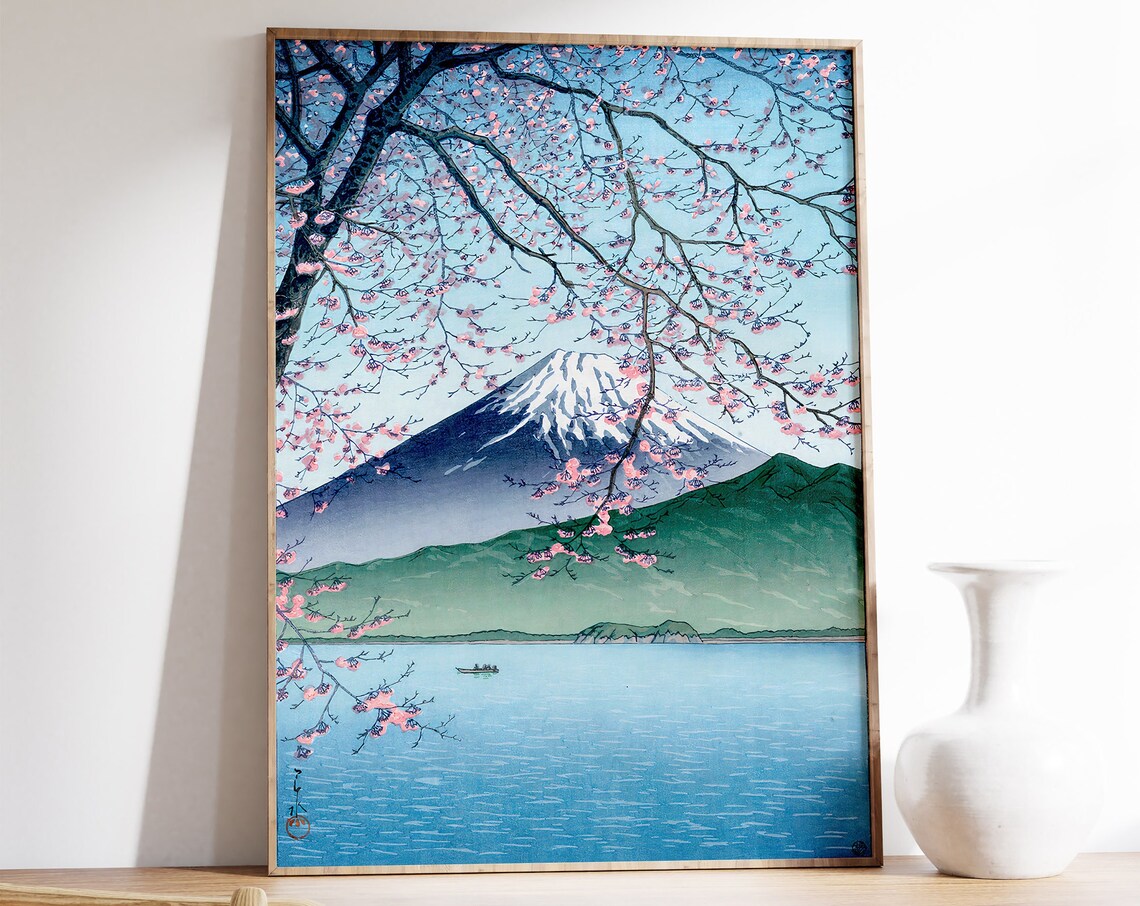 Mount Fuji Cherry Blossom Japanese Woodblock Lake View Poster
