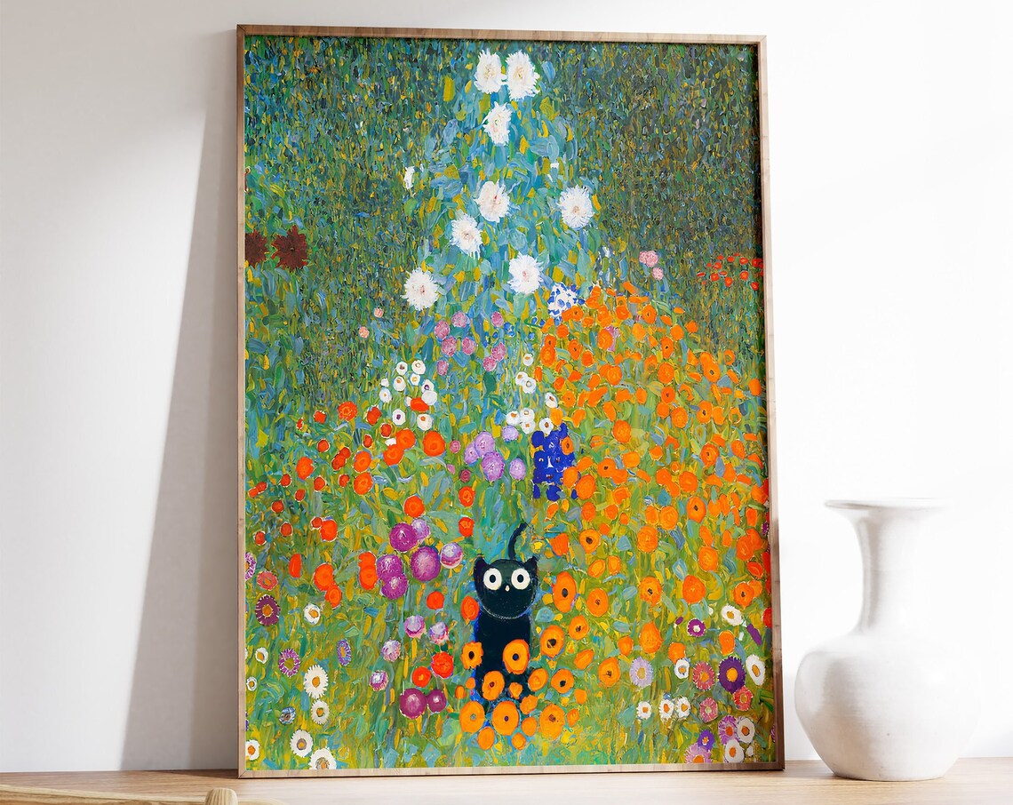 Klimt-Inspired Cat in Bauerngarten Art Print