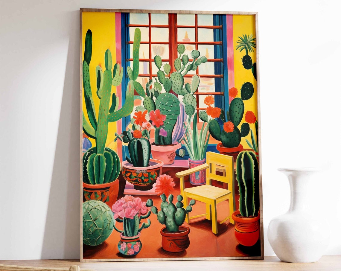 Mexican Cactus Garden Colorful Potted Plants Folk Style Wall Art