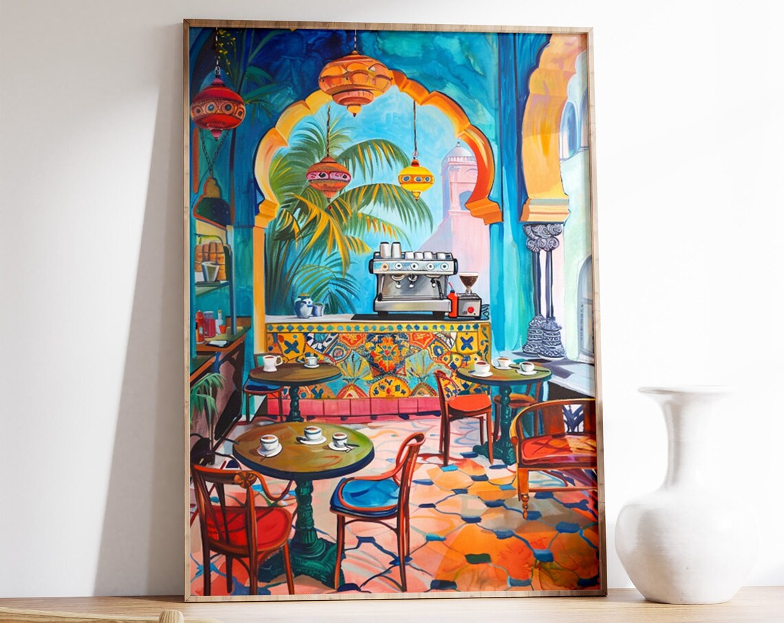 Indian Cafe Art Print, Folk Art Kitchen Decor